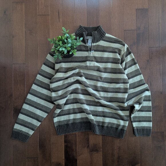 NEUTRAL BROWN STRIPED VINTAGE QUARTER ZIP SWEATSHIRT - Picture 1 of 2